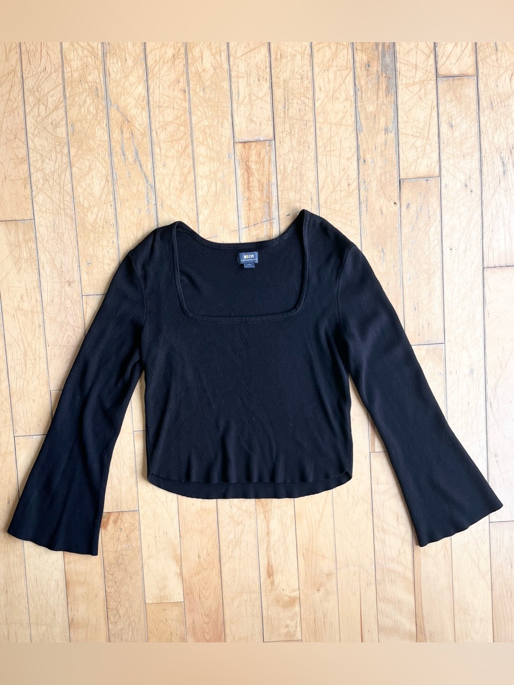 Maeve by Anthropologie Black Ribbed Knit Square Neck Bell Sleeve Sweater Size XL
